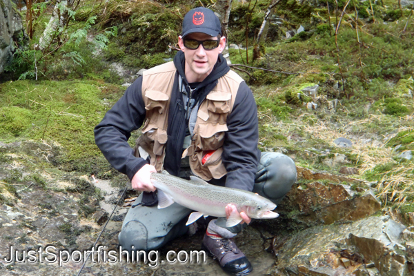 Photo of a fisherman holding a steelhead trout