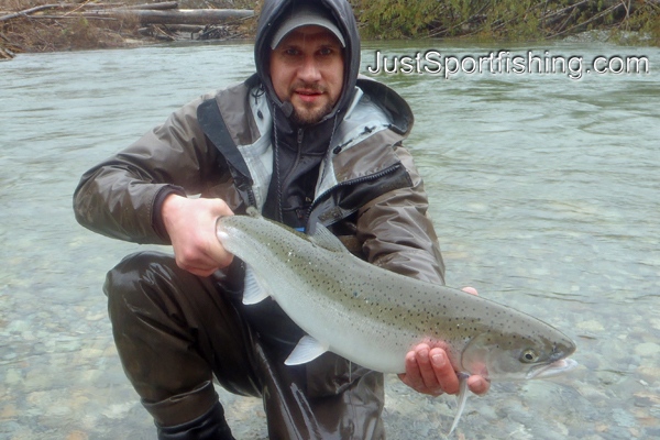 Photo of a fisherman holding a steelhead.